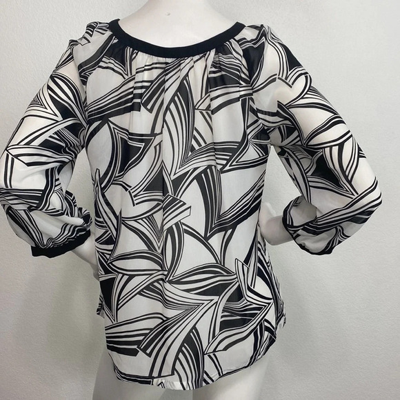 Banana Republic Black & White Geometric Patterned 3/4 Sleeves Cottagecore Top M - Picture 5 of 10